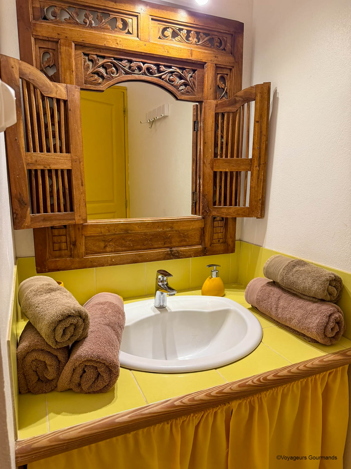 Salle de bain avec miroir en bois sculpté au Jardin des Colibris
