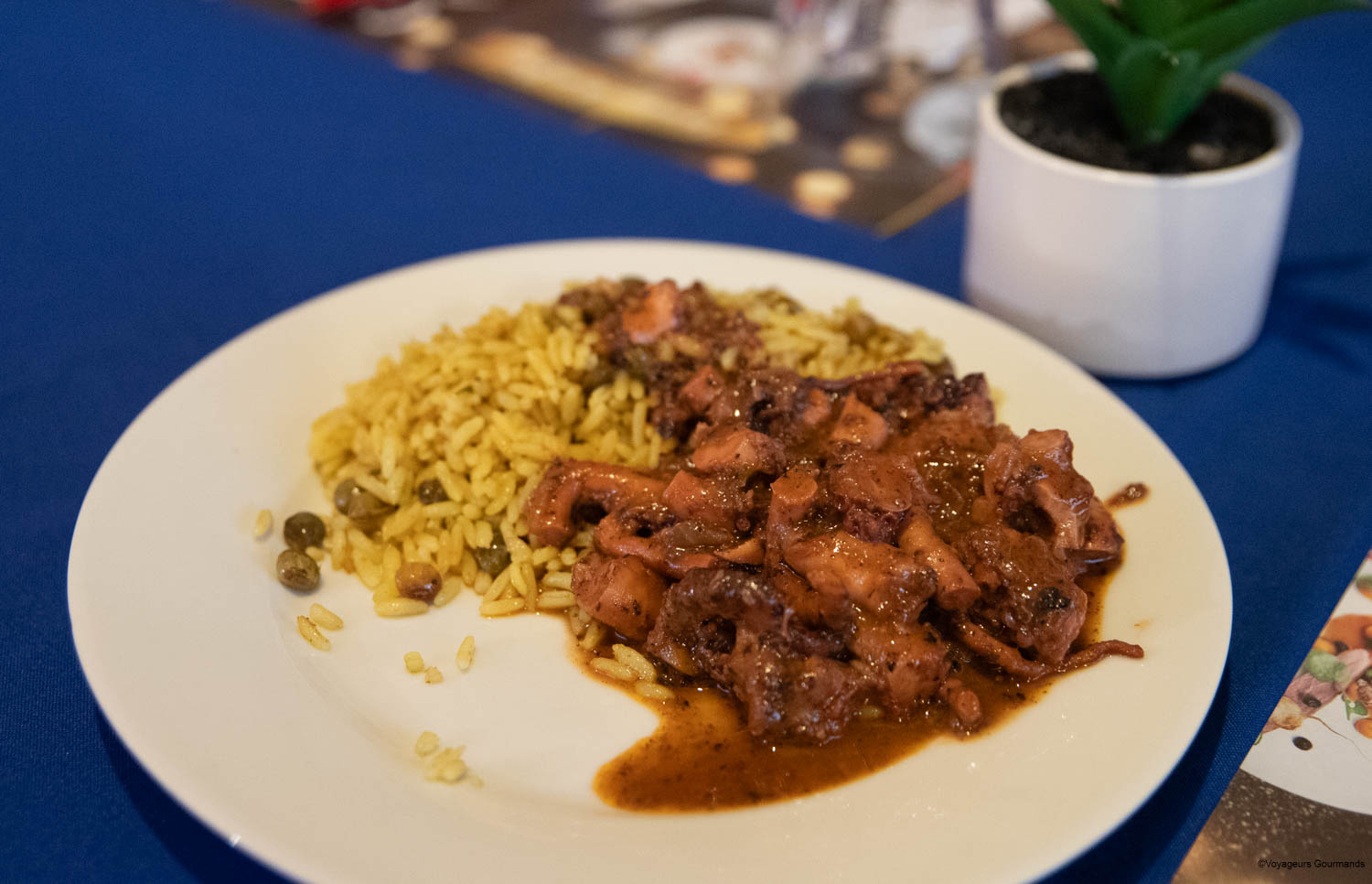 Fricassée de chatrou (petit poulpe) en sauce servie avec du riz
